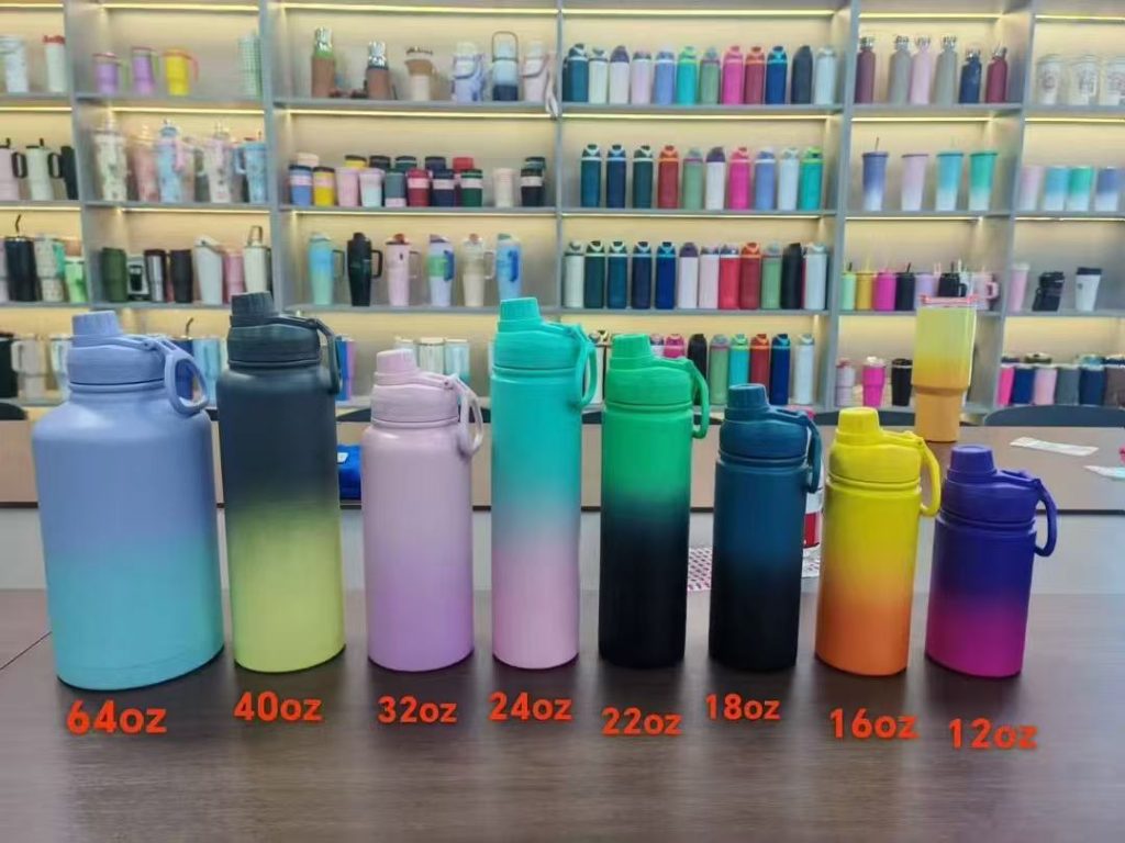 Insulated gradient water bottle size range 12oz to 64oz, custom supplier MOQ 50.